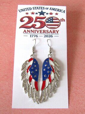 Patriotic Red White Blue Large Flag Angel Wing Charm Silverplate Earrings 250th